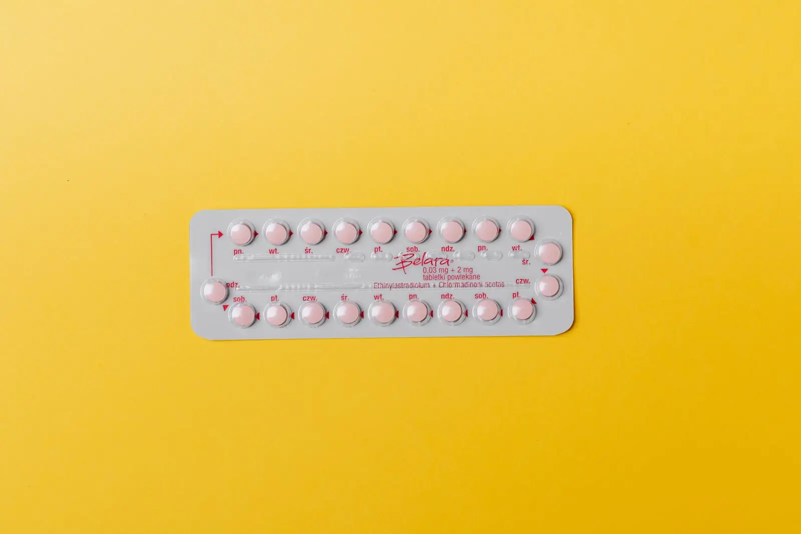 Blister pack of pink contraceptive pills on a yellow background