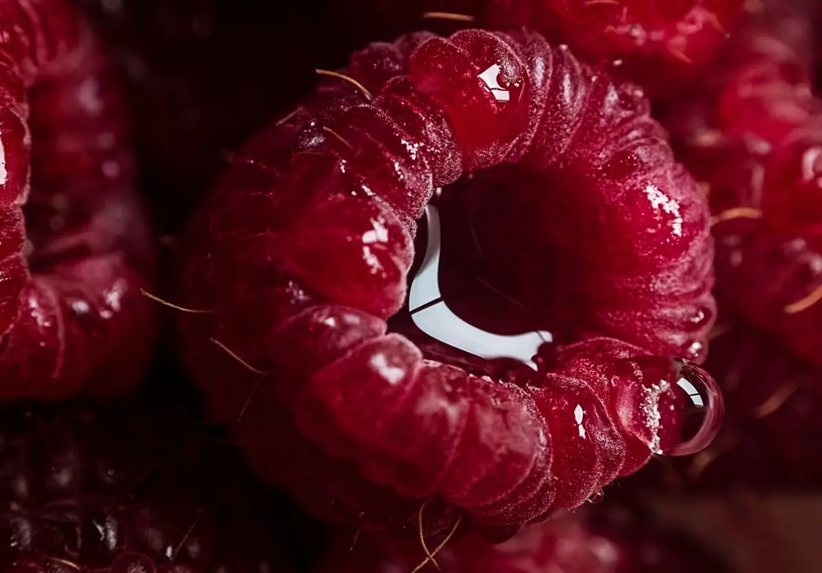 Close-up of a fresh raspberry with a water droplet, about the size of your baby at 8 weeks pregnant
