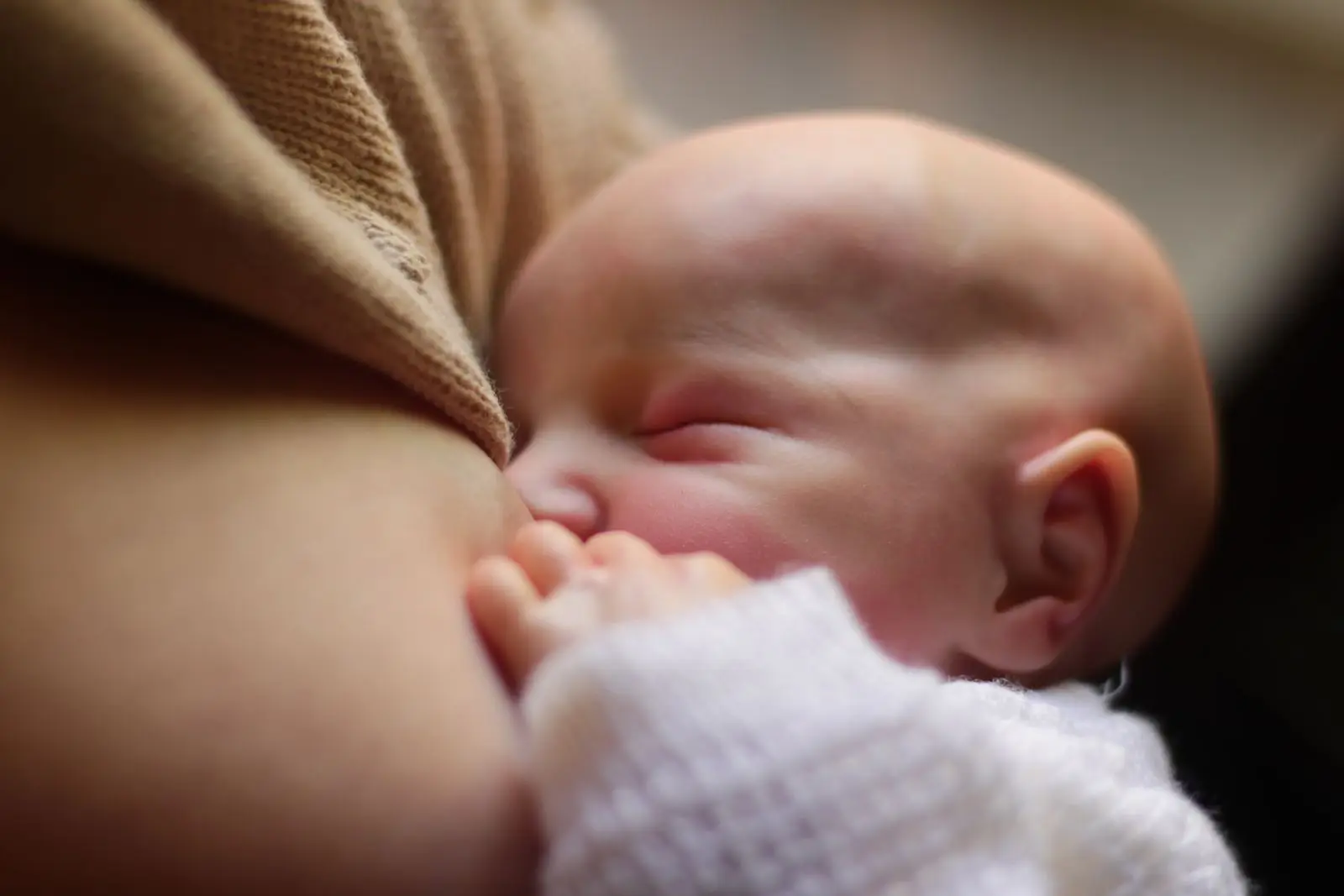 Newborn feeding at the breast in a quiet moment of mother and baby bonding